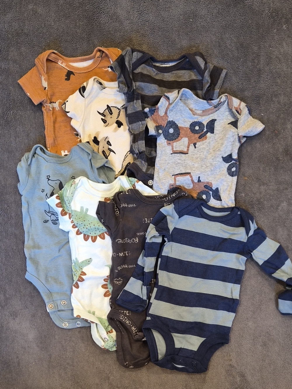 Assorted Kids One-Piece Bodysuits in Blue, Gray, Tan and White